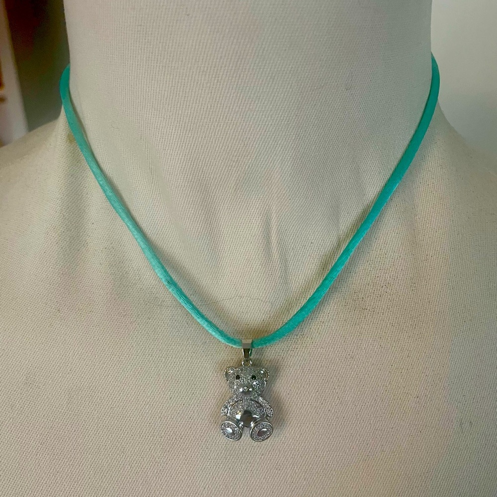 Teddy Bear Necklace CZ Bear on Turquoise Silk Cord Sterling Silver Cord NWT